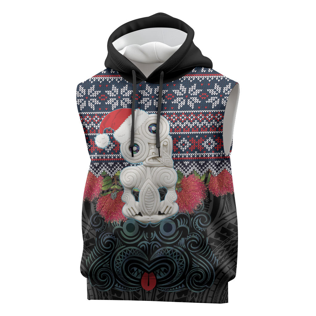 New Zealand Hei Tiki Christmas In July Sleeveless Hoodie Pohutukawa Santa Xmas Polynesian Pattern
