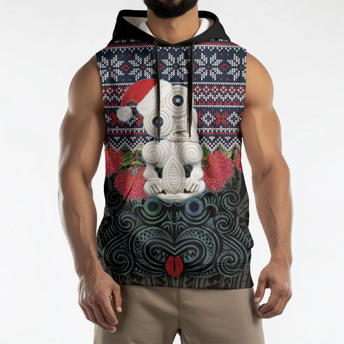 New Zealand Hei Tiki Christmas In July Sleeveless Hoodie Pohutukawa Santa Xmas Polynesian Pattern