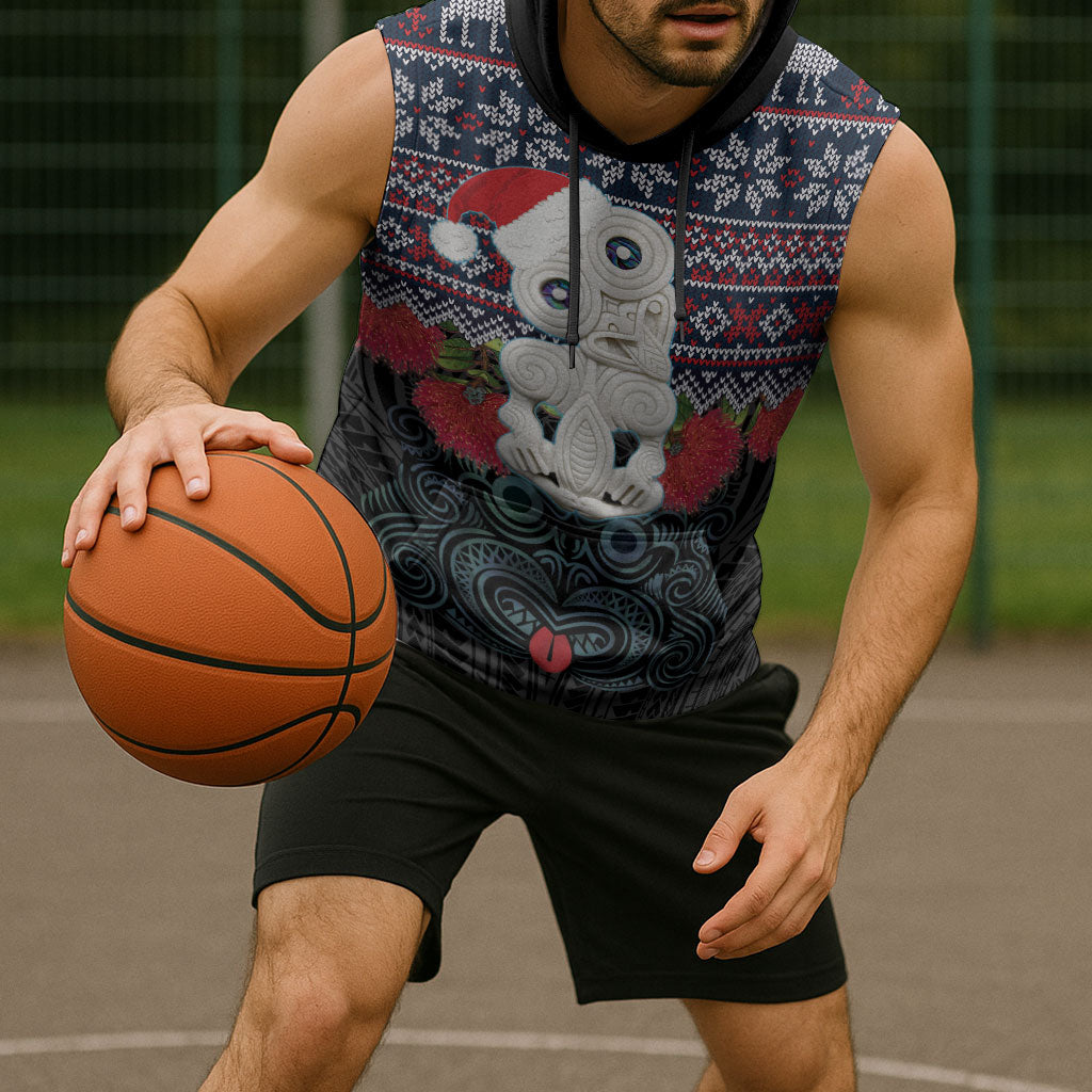 New Zealand Hei Tiki Christmas In July Sleeveless Hoodie Pohutukawa Santa Xmas Polynesian Pattern