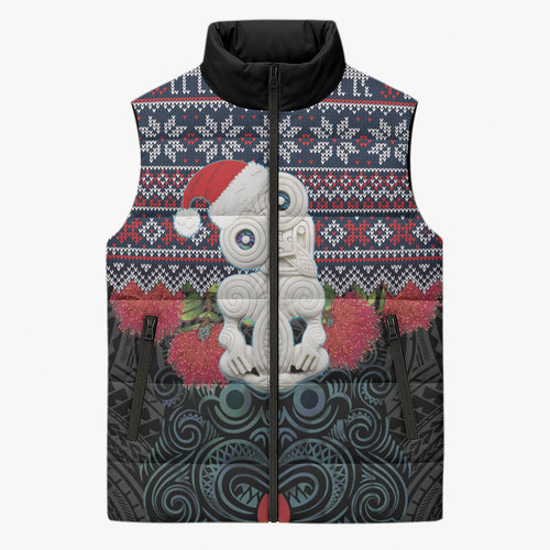 New Zealand Hei Tiki Christmas In July Sleeveless Puffer Jacket Pohutukawa Santa Xmas Polynesian Pattern