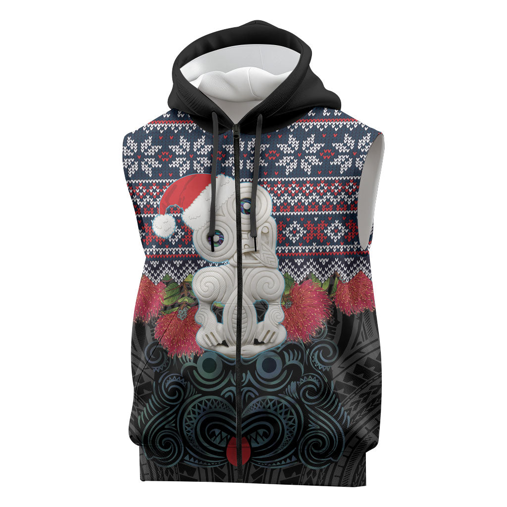 New Zealand Hei Tiki Christmas In July Sleeveless Zip Hoodie Pohutukawa Santa Xmas Polynesian Pattern