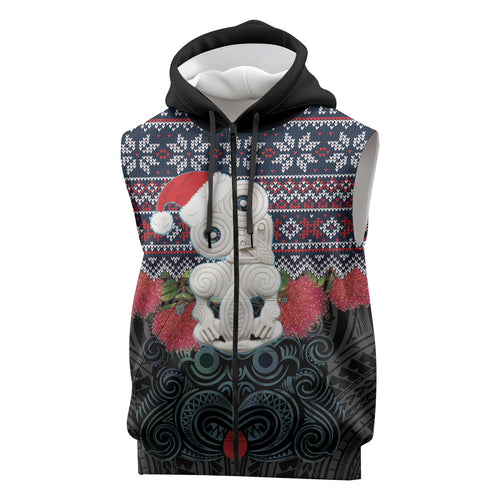 New Zealand Hei Tiki Christmas In July Sleeveless Zip Hoodie Pohutukawa Santa Xmas Polynesian Pattern