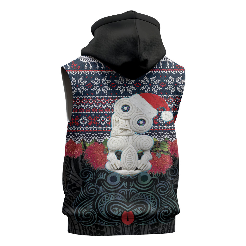 New Zealand Hei Tiki Christmas In July Sleeveless Zip Hoodie Pohutukawa Santa Xmas Polynesian Pattern