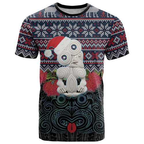 New Zealand Hei Tiki Christmas In July T Shirt Pohutukawa Santa Xmas Polynesian Pattern