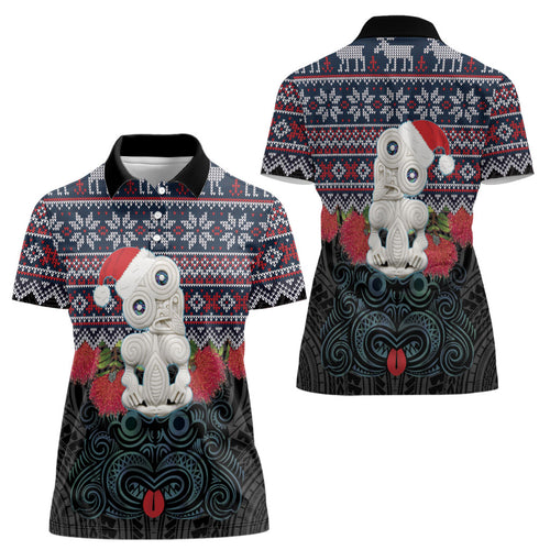 New Zealand Hei Tiki Christmas In July Women Polo Shirt Pohutukawa Santa Xmas Polynesian Pattern