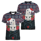 New Zealand Hei Tiki Christmas In July Women V-Neck T-Shirt Pohutukawa Santa Xmas Polynesian Pattern