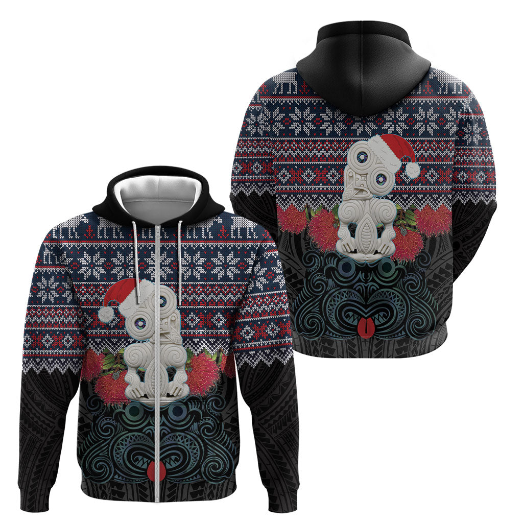 New Zealand Hei Tiki Christmas In July Zip Hoodie Pohutukawa Santa Xmas Polynesian Pattern