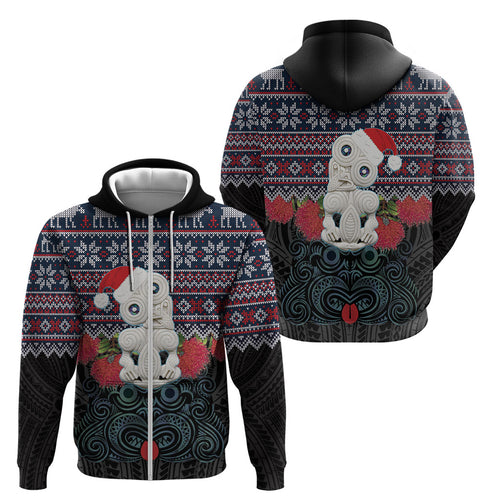 New Zealand Hei Tiki Christmas In July Zip Hoodie Pohutukawa Santa Xmas Polynesian Pattern