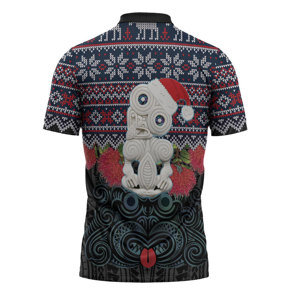 New Zealand Hei Tiki Christmas In July Zipper Polo Shirt Pohutukawa Santa Xmas Polynesian Pattern
