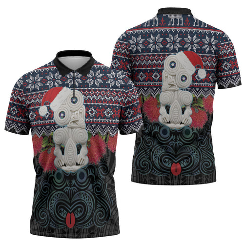 New Zealand Hei Tiki Christmas In July Zipper Polo Shirt Pohutukawa Santa Xmas Polynesian Pattern