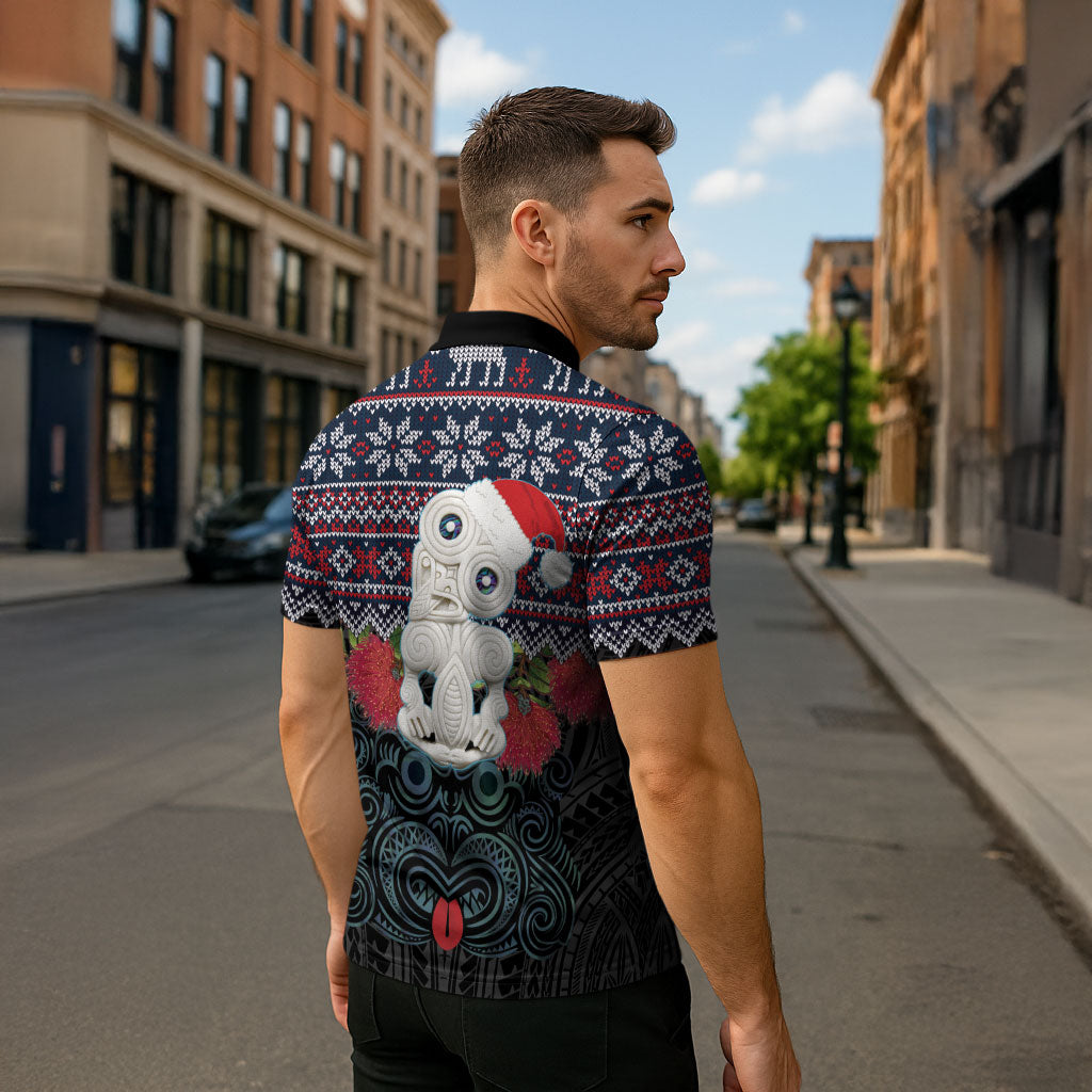 New Zealand Hei Tiki Christmas In July Zipper Polo Shirt Pohutukawa Santa Xmas Polynesian Pattern