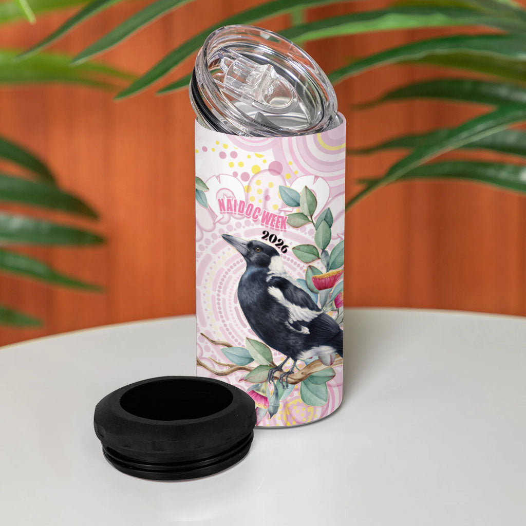 Magpie NAIDOC Week 2026 Personalised 4 in 1 Can Cooler Tumbler 50 Years Deadly Eucalyptus Blossoms Aboriginal Art