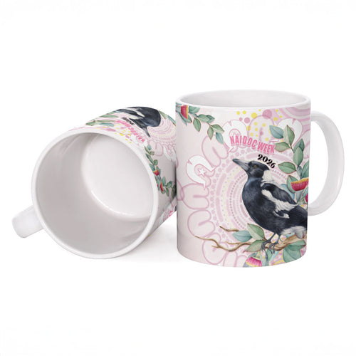 Magpie NAIDOC Week 2026 Personalised Ceramic Mug 50 Years Deadly Eucalyptus Blossoms Aboriginal Art