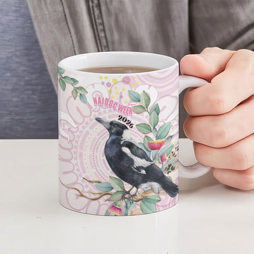 Magpie NAIDOC Week 2026 Personalised Ceramic Mug 50 Years Deadly Eucalyptus Blossoms Aboriginal Art