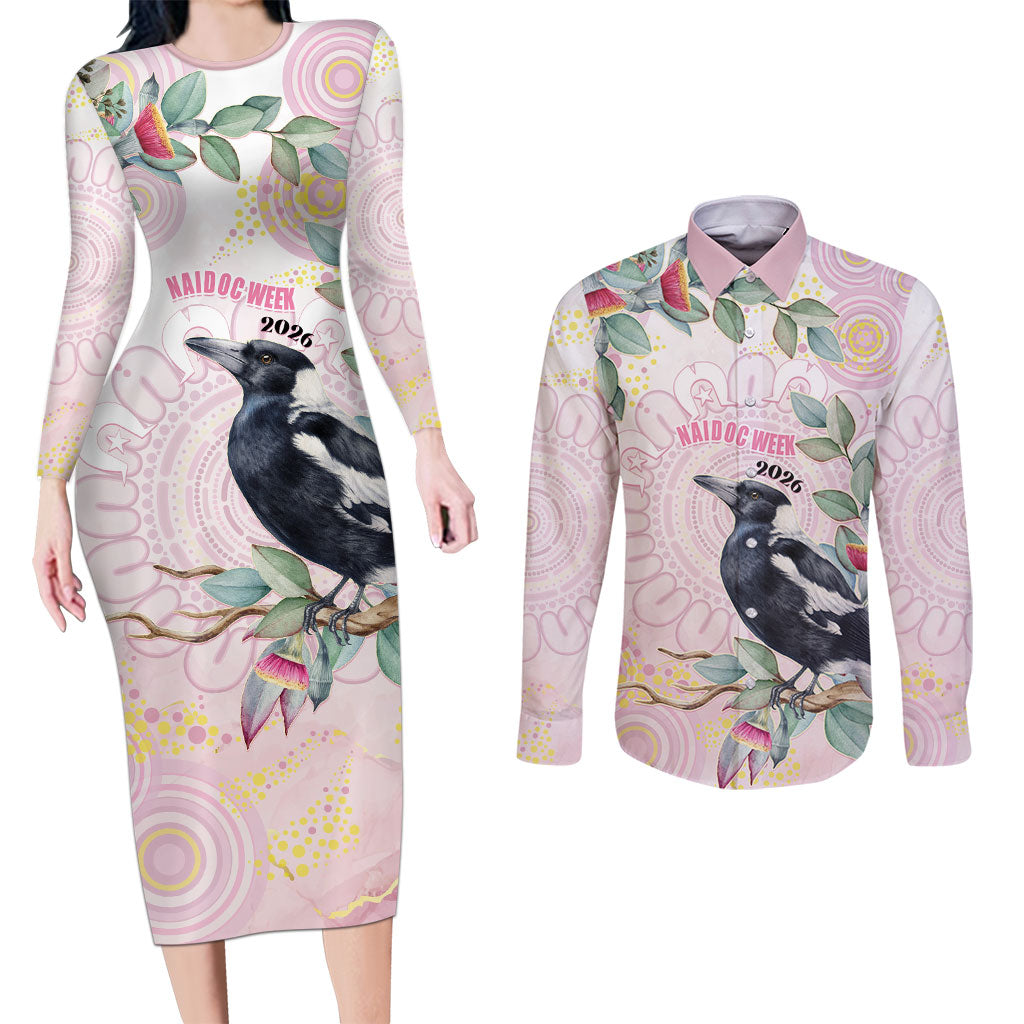 Magpie NAIDOC Week 2026 Personalised Couples Matching Long Sleeve Bodycon Dress and Long Sleeve Button Shirt 50 Years Deadly Eucalyptus Blossoms Aboriginal Art