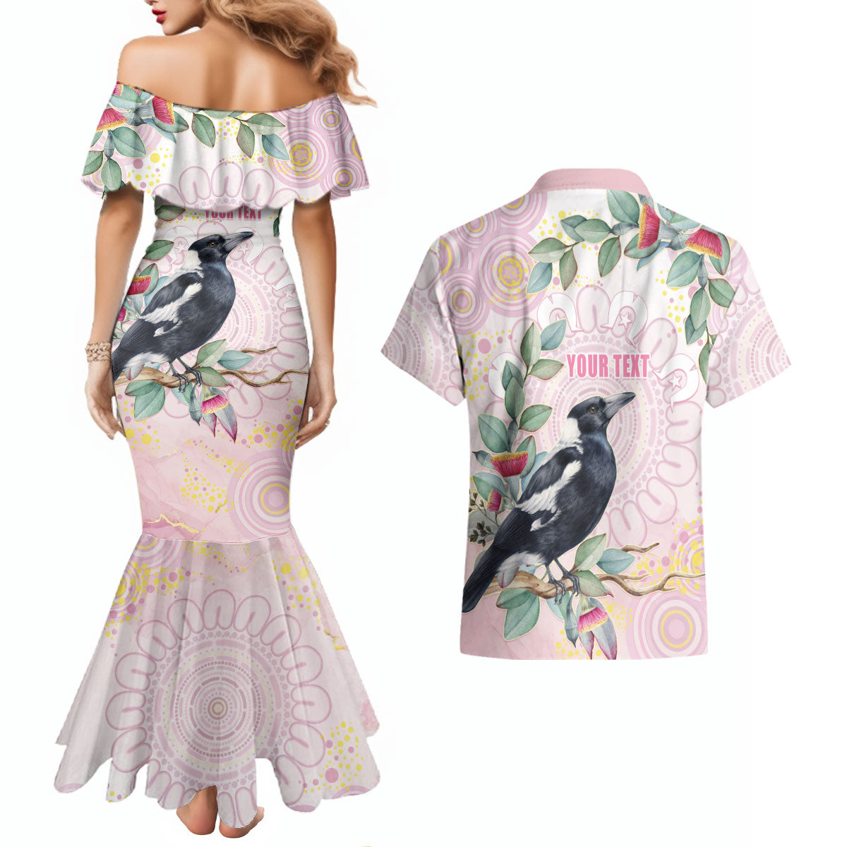 Magpie NAIDOC Week 2026 Personalised Couples Matching Mermaid Dress and Hawaiian Shirt 50 Years Deadly Eucalyptus Blossoms Aboriginal Art