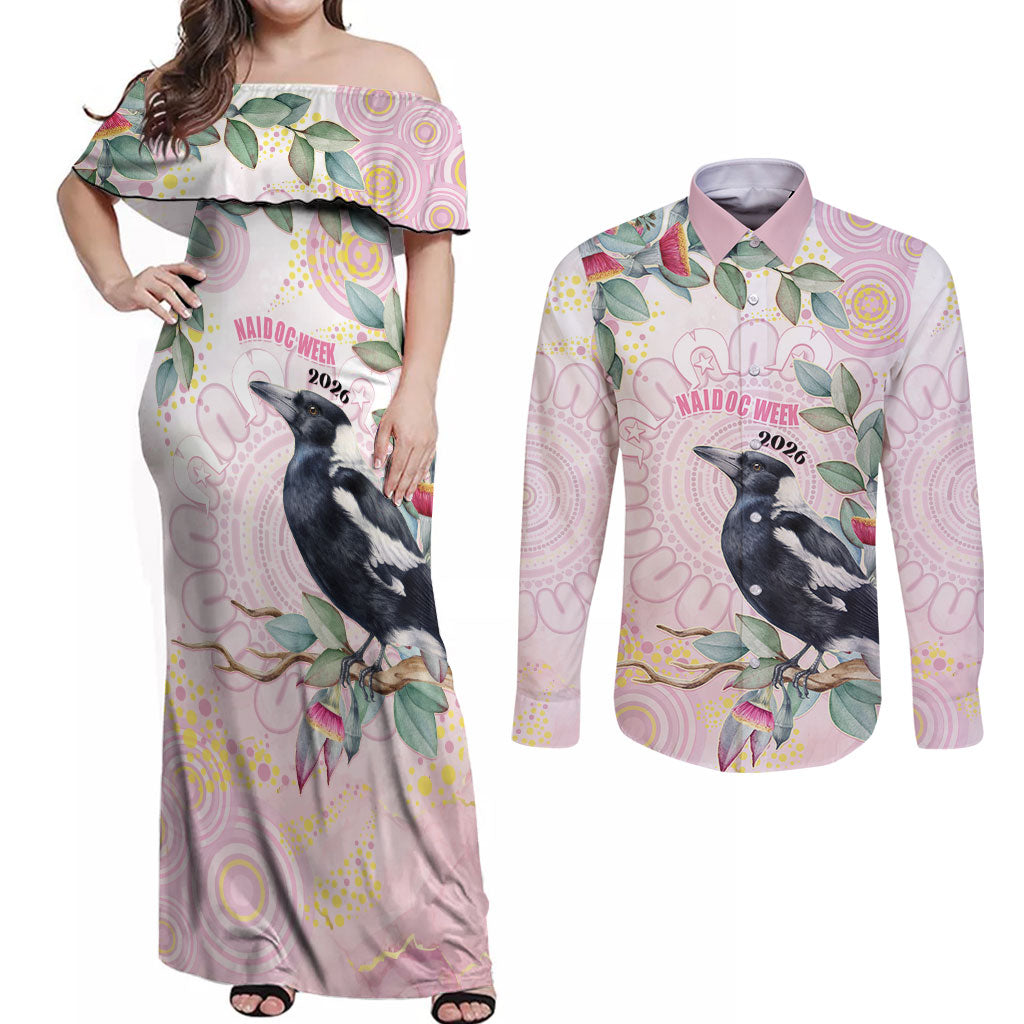 Magpie NAIDOC Week 2026 Personalised Couples Matching Off Shoulder Maxi Dress and Long Sleeve Button Shirt 50 Years Deadly Eucalyptus Blossoms Aboriginal Art