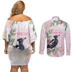 Magpie NAIDOC Week 2026 Personalised Couples Matching Off Shoulder Short Dress and Long Sleeve Button Shirt 50 Years Deadly Eucalyptus Blossoms Aboriginal Art