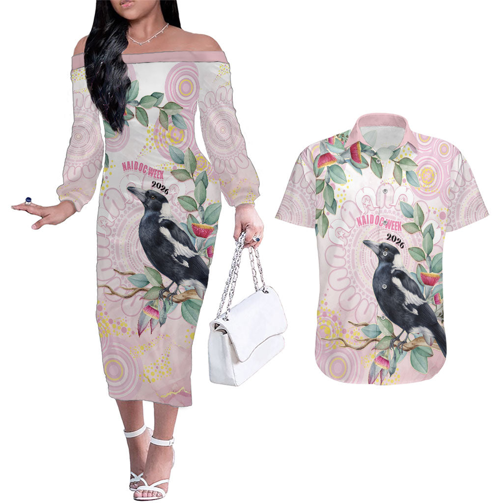 Magpie NAIDOC Week 2026 Personalised Couples Matching Off The Shoulder Long Sleeve Dress and Hawaiian Shirt 50 Years Deadly Eucalyptus Blossoms Aboriginal Art
