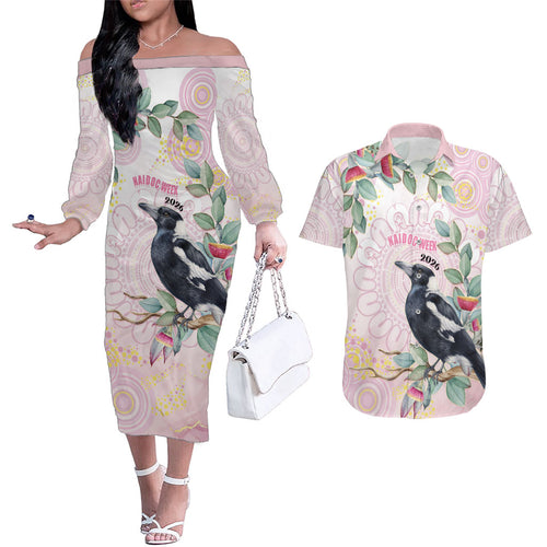 Magpie NAIDOC Week 2026 Personalised Couples Matching Off The Shoulder Long Sleeve Dress and Hawaiian Shirt 50 Years Deadly Eucalyptus Blossoms Aboriginal Art