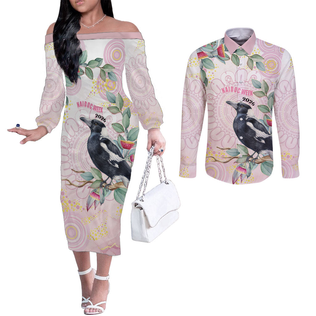 Magpie NAIDOC Week 2026 Personalised Couples Matching Off The Shoulder Long Sleeve Dress and Long Sleeve Button Shirt 50 Years Deadly Eucalyptus Blossoms Aboriginal Art