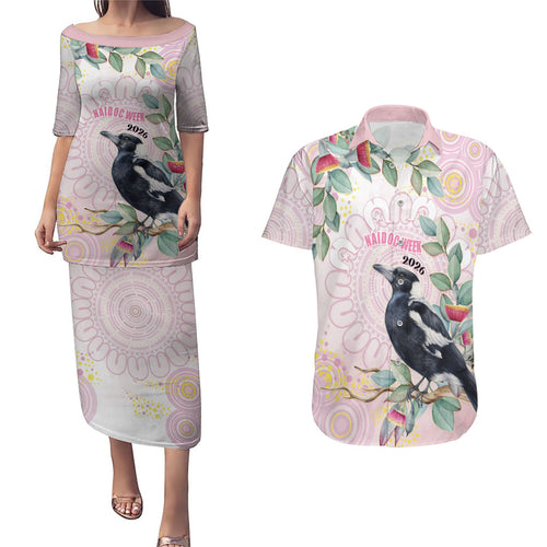 Magpie NAIDOC Week 2026 Personalised Couples Matching Puletasi and Hawaiian Shirt 50 Years Deadly Eucalyptus Blossoms Aboriginal Art