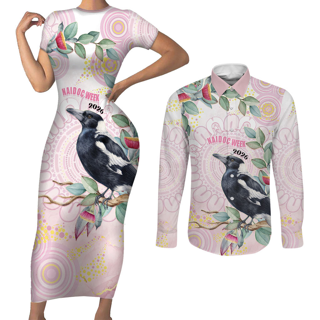 Magpie NAIDOC Week 2026 Personalised Couples Matching Short Sleeve Bodycon Dress and Long Sleeve Button Shirt 50 Years Deadly Eucalyptus Blossoms Aboriginal Art