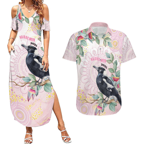 Magpie NAIDOC Week 2026 Personalised Couples Matching Summer Maxi Dress and Hawaiian Shirt 50 Years Deadly Eucalyptus Blossoms Aboriginal Art