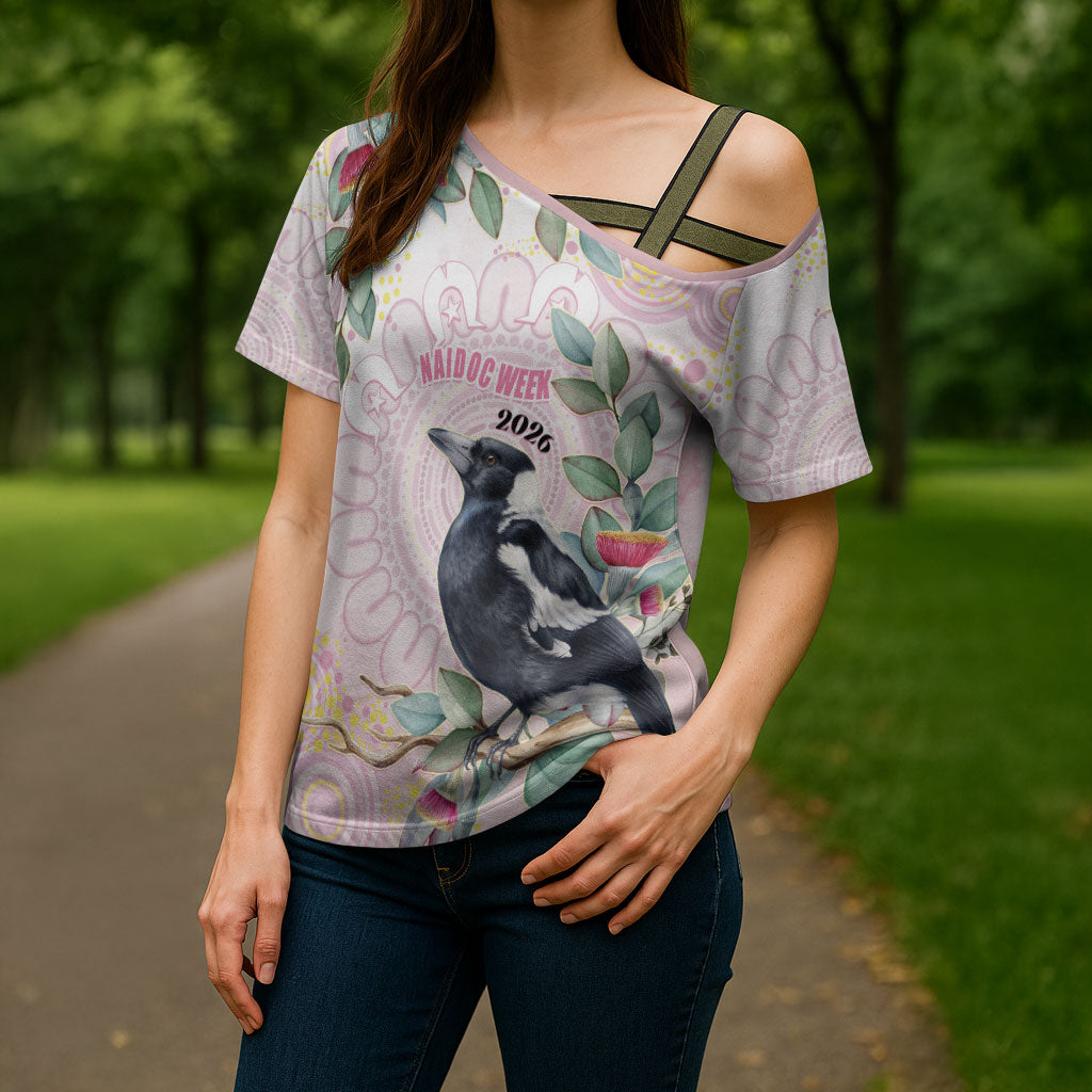 Magpie NAIDOC Week 2026 Personalised Cross Shoulder Shirt 50 Years Deadly Eucalyptus Blossoms Aboriginal Art