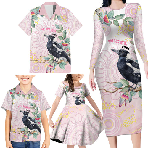 Magpie NAIDOC Week 2026 Personalised Family Matching Long Sleeve Bodycon Dress and Hawaiian Shirt 50 Years Deadly Eucalyptus Blossoms Aboriginal Art