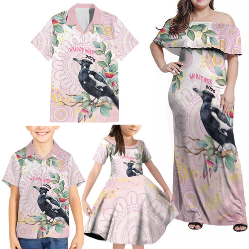 Magpie NAIDOC Week 2026 Personalised Family Matching Off Shoulder Maxi Dress and Hawaiian Shirt 50 Years Deadly Eucalyptus Blossoms Aboriginal Art