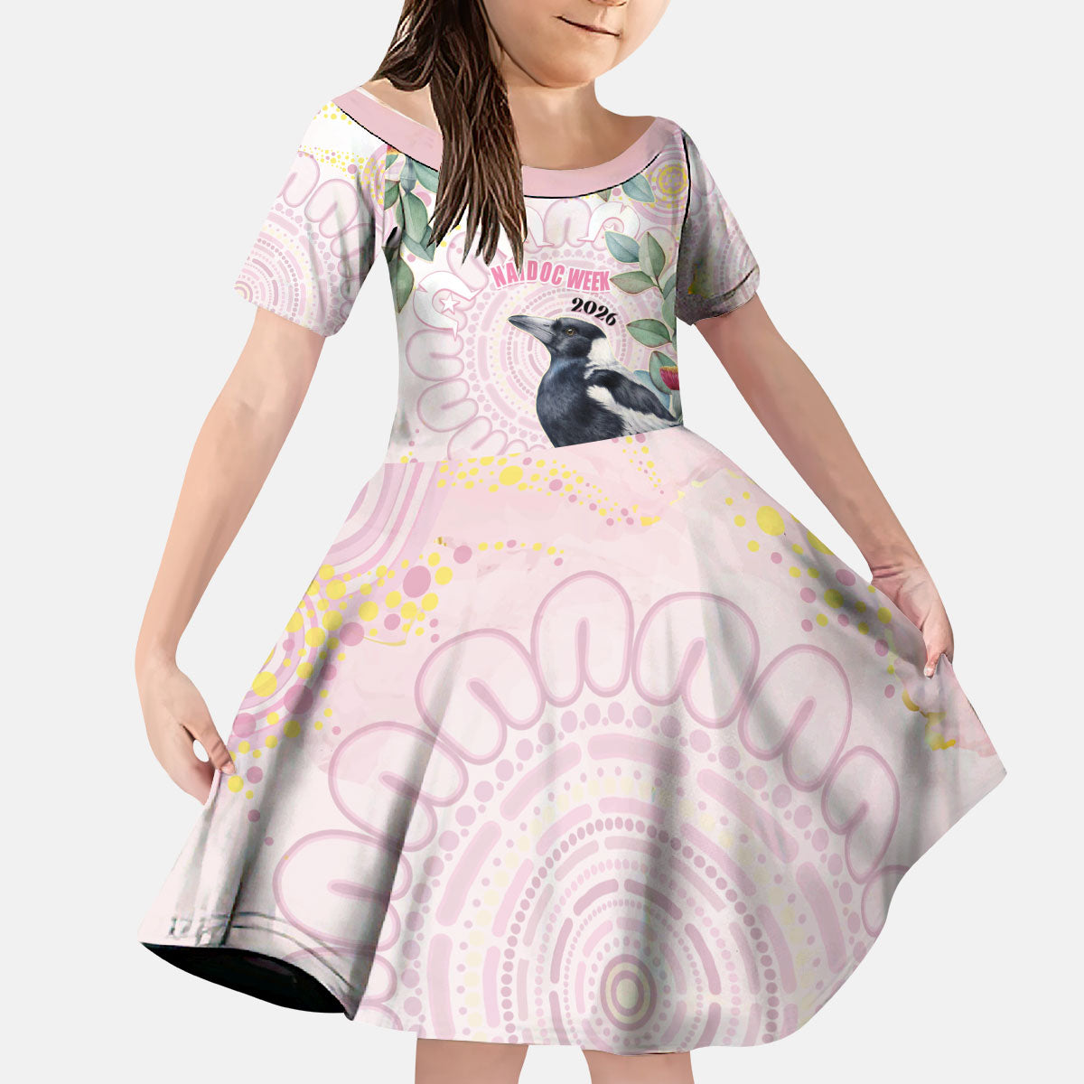 Magpie NAIDOC Week 2026 Personalised Kid Short Sleeve Dress 50 Years Deadly Eucalyptus Blossoms Aboriginal Art