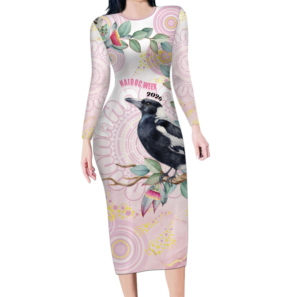Magpie NAIDOC Week 2026 Personalised Long Sleeve Bodycon Dress 50 Years Deadly Eucalyptus Blossoms Aboriginal Art
