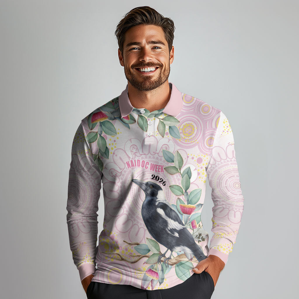 Magpie NAIDOC Week 2026 Personalised Long Sleeve Polo Shirt 50 Years Deadly Eucalyptus Blossoms Aboriginal Art
