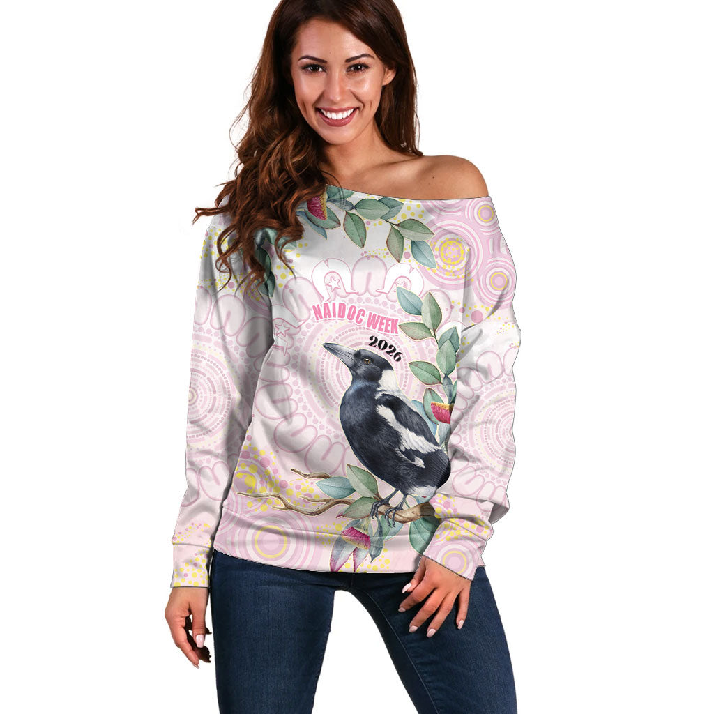 Magpie NAIDOC Week 2026 Personalised Off Shoulder Sweater 50 Years Deadly Eucalyptus Blossoms Aboriginal Art