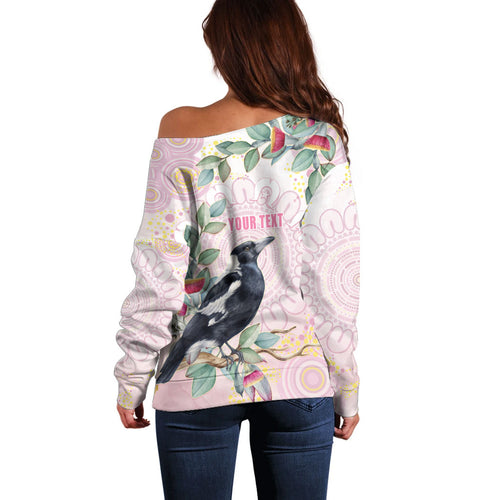 Magpie NAIDOC Week 2026 Personalised Off Shoulder Sweater 50 Years Deadly Eucalyptus Blossoms Aboriginal Art