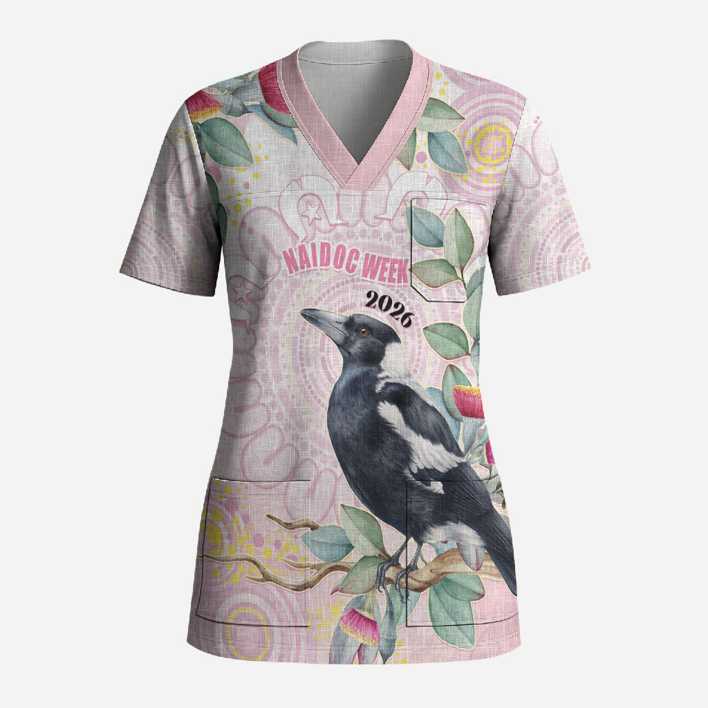 Magpie NAIDOC Week 2026 Personalised Scrub Top 50 Years Deadly Eucalyptus Blossoms Aboriginal Art