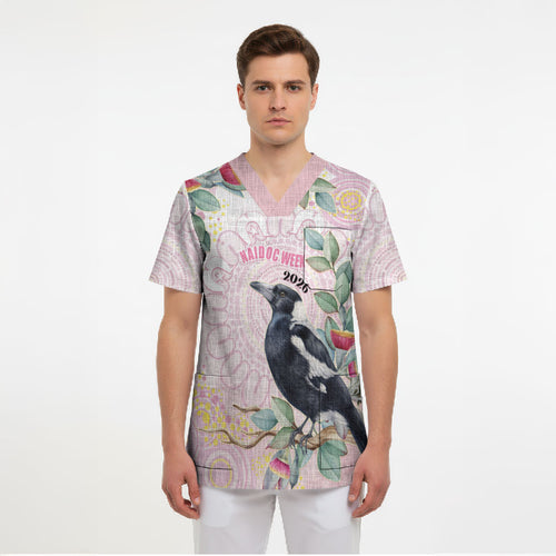 Magpie NAIDOC Week 2026 Personalised Scrub Top 50 Years Deadly Eucalyptus Blossoms Aboriginal Art