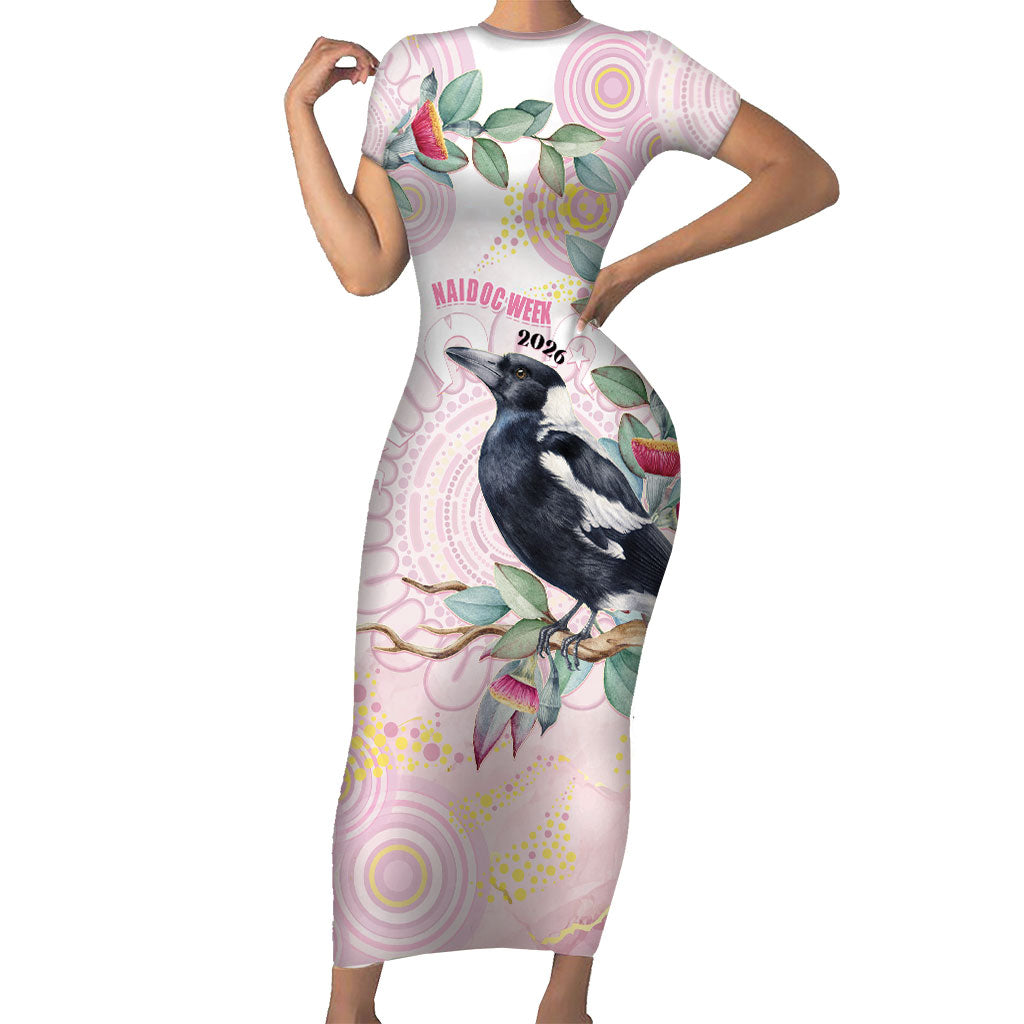Magpie NAIDOC Week 2026 Personalised Short Sleeve Bodycon Dress 50 Years Deadly Eucalyptus Blossoms Aboriginal Art