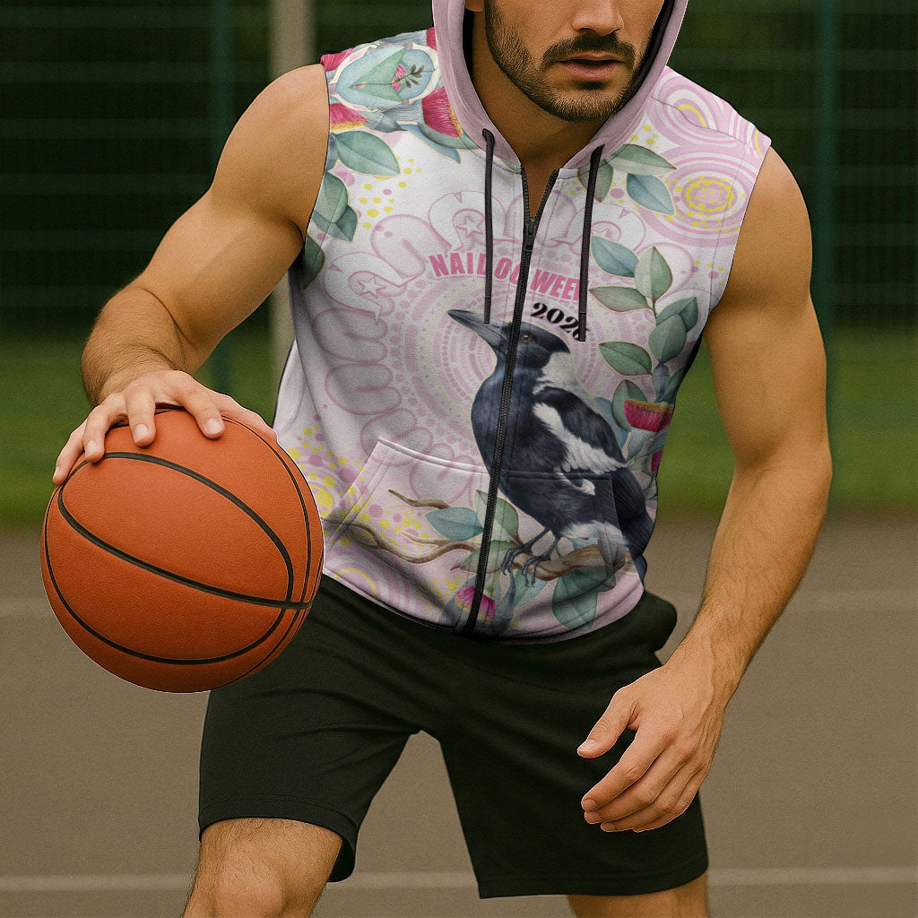 Magpie NAIDOC Week 2026 Personalised Sleeveless Zip Hoodie 50 Years Deadly Eucalyptus Blossoms Aboriginal Art