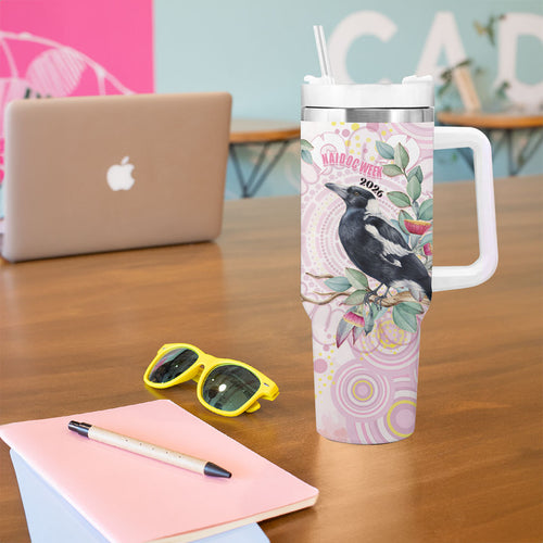 Magpie NAIDOC Week 2026 Personalised Tumbler With Handle 50 Years Deadly Eucalyptus Blossoms Aboriginal Art