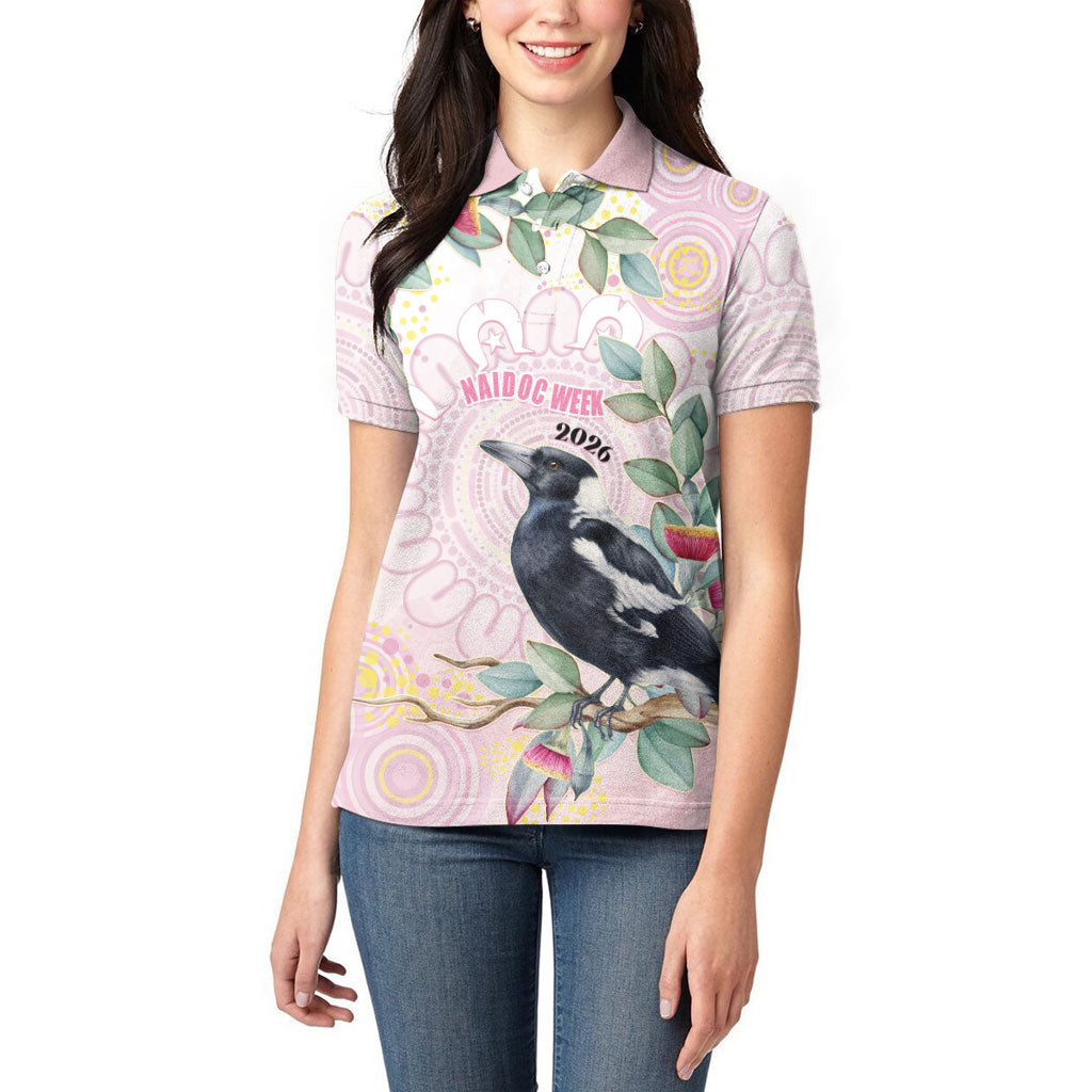 Magpie NAIDOC Week 2026 Personalised Women Polo Shirt 50 Years Deadly Eucalyptus Blossoms Aboriginal Art