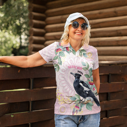 Magpie NAIDOC Week 2026 Personalised Women Polo Shirt 50 Years Deadly Eucalyptus Blossoms Aboriginal Art