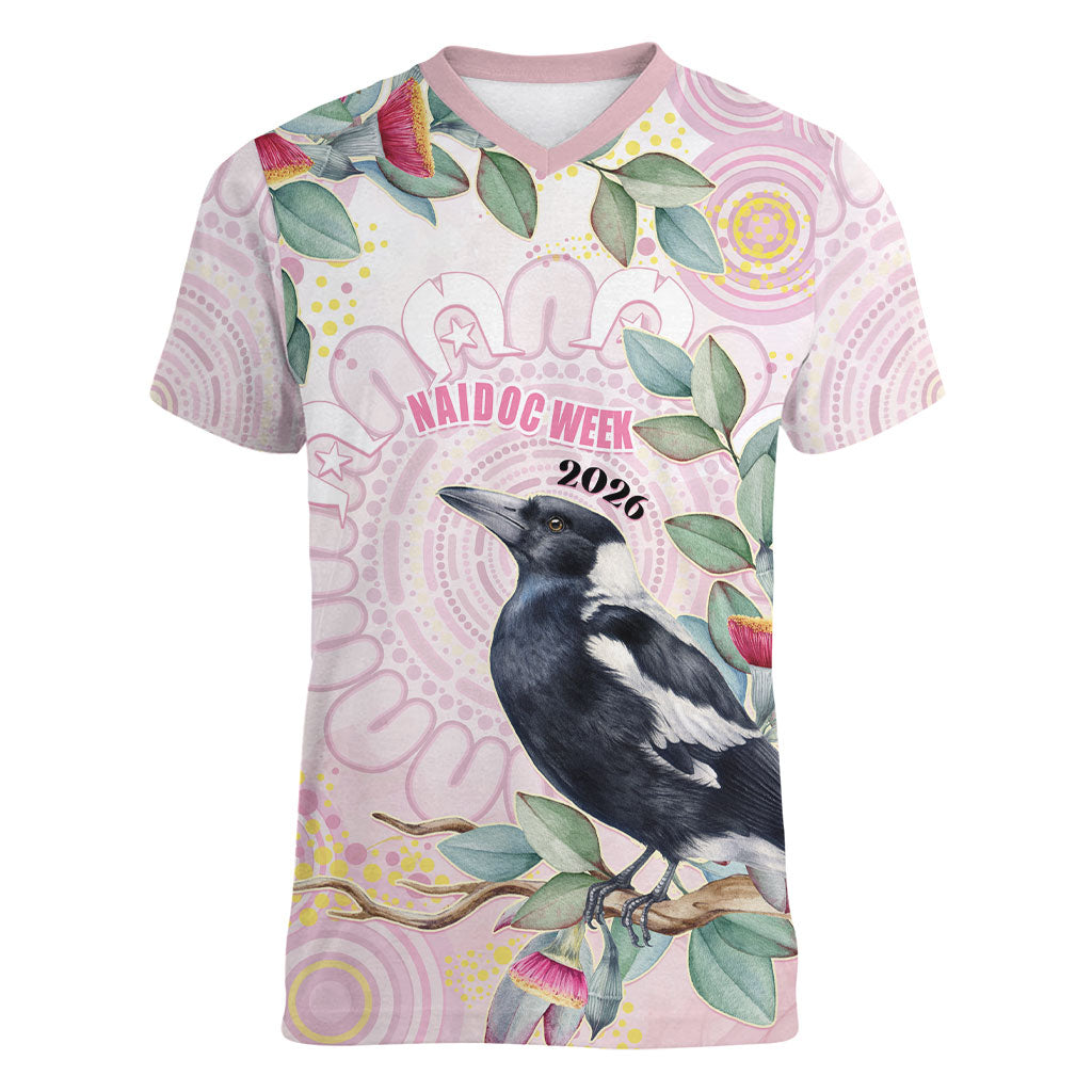 Magpie NAIDOC Week 2026 Personalised Women V-Neck T-Shirt 50 Years Deadly Eucalyptus Blossoms Aboriginal Art