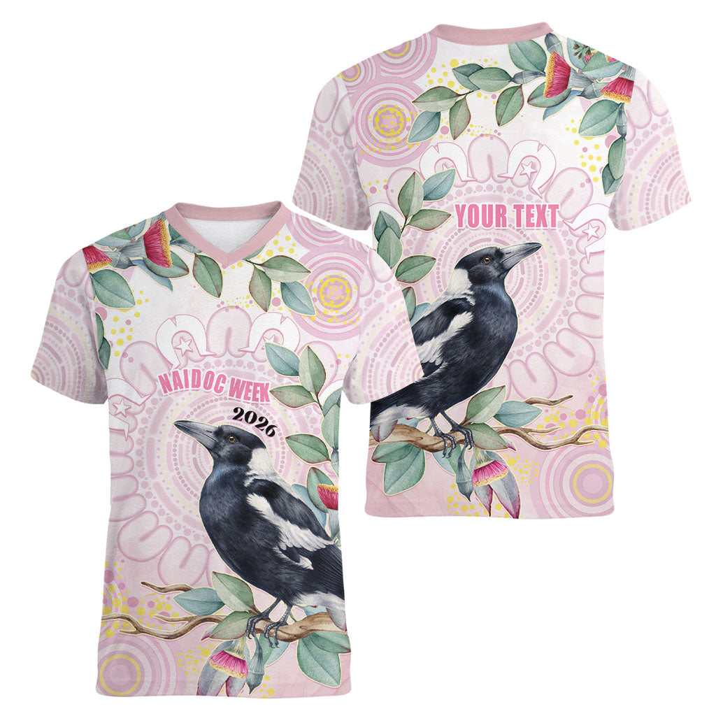 Magpie NAIDOC Week 2026 Personalised Women V-Neck T-Shirt 50 Years Deadly Eucalyptus Blossoms Aboriginal Art