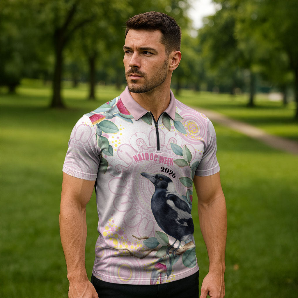 Magpie NAIDOC Week 2026 Personalised Zipper Polo Shirt 50 Years Deadly Eucalyptus Blossoms Aboriginal Art