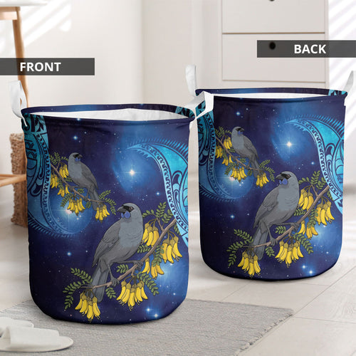 New Zealand Kokako Bird Laundry Basket Kowhai Galaxy Style Polynesian Pattern