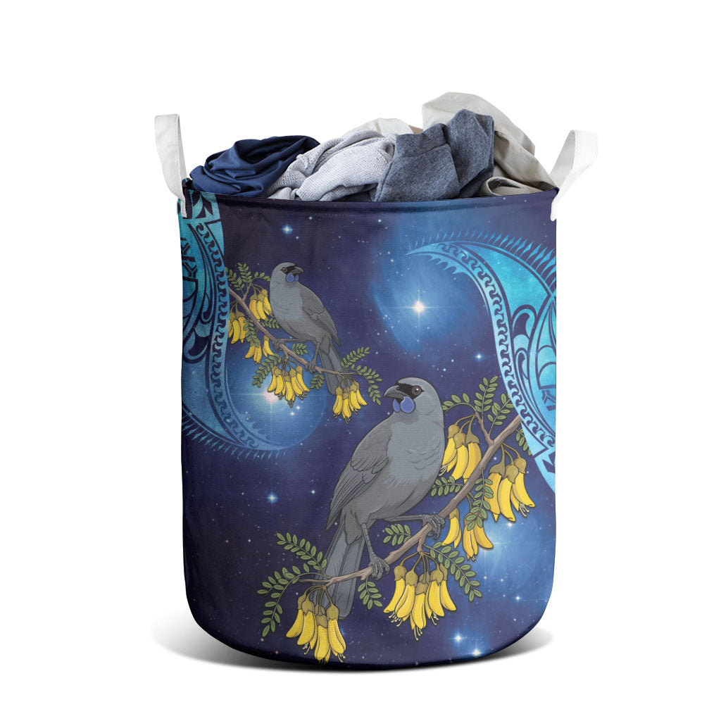 New Zealand Kokako Bird Laundry Basket Kowhai Galaxy Style Polynesian Pattern