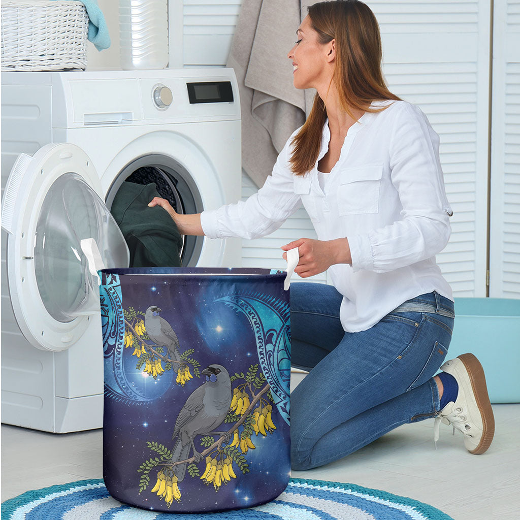 New Zealand Kokako Bird Laundry Basket Kowhai Galaxy Style Polynesian Pattern