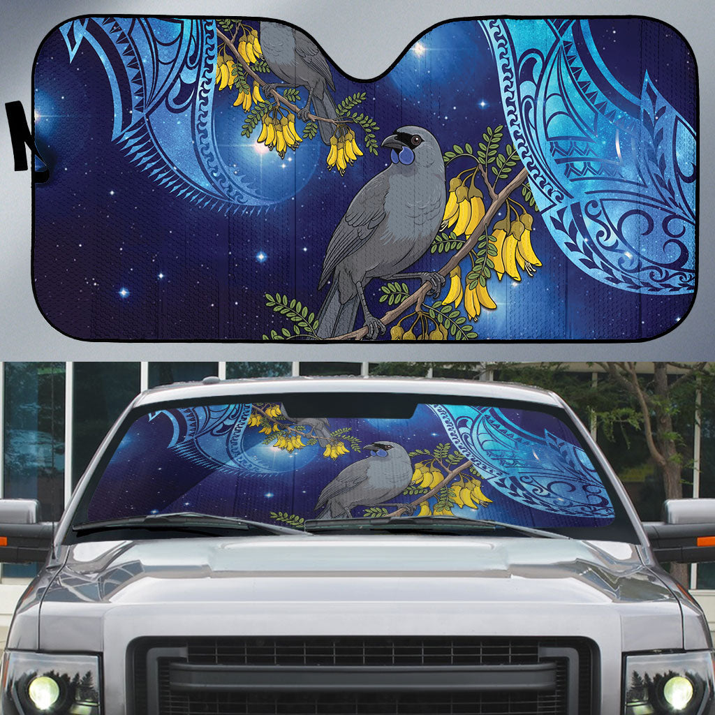 New Zealand Kokako Bird Auto Sun Shade Kowhai Galaxy Style Polynesian Pattern